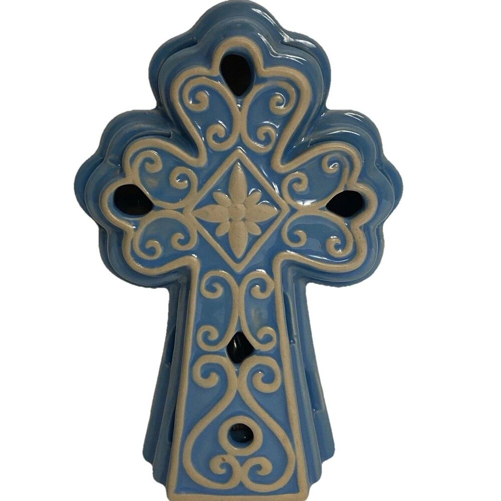 Ceramic Cross Night Light Light Blue Ivory Cutout Accent Lamp Nursery Decor